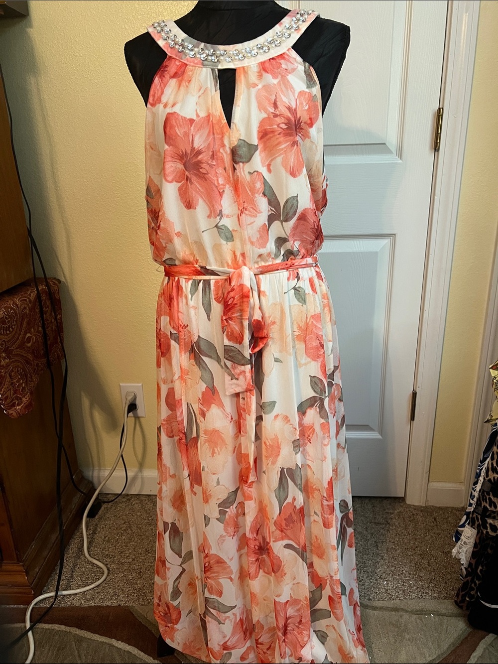 Floral Coral Maxi Dress - Sleeveless Belted Maxi
